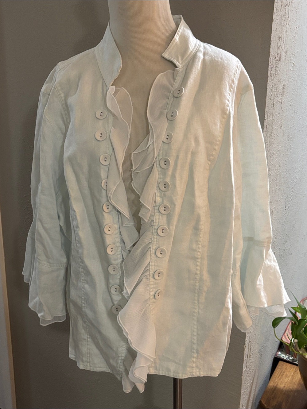 Multiples White Ruffle-Front Button Jacket